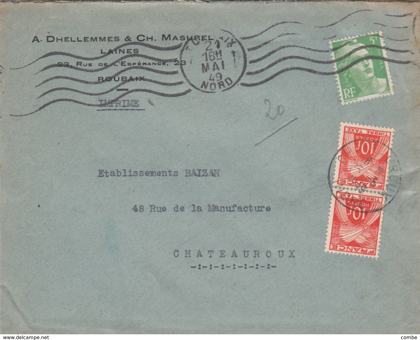 LETTRE . 1949. GANDON 5Fr.  TAXE 20Fr GERBE  /  2 - 1859-1959 Lettres & Documents