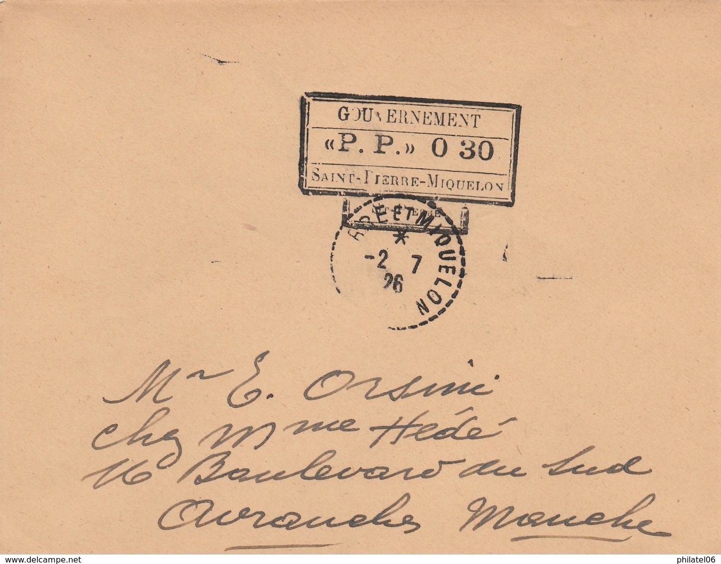 SAINT-PIERRE ET MIQUELON  LETTRE SANS TIMBRE (PENURIE)  1926 - Lettres & Documents