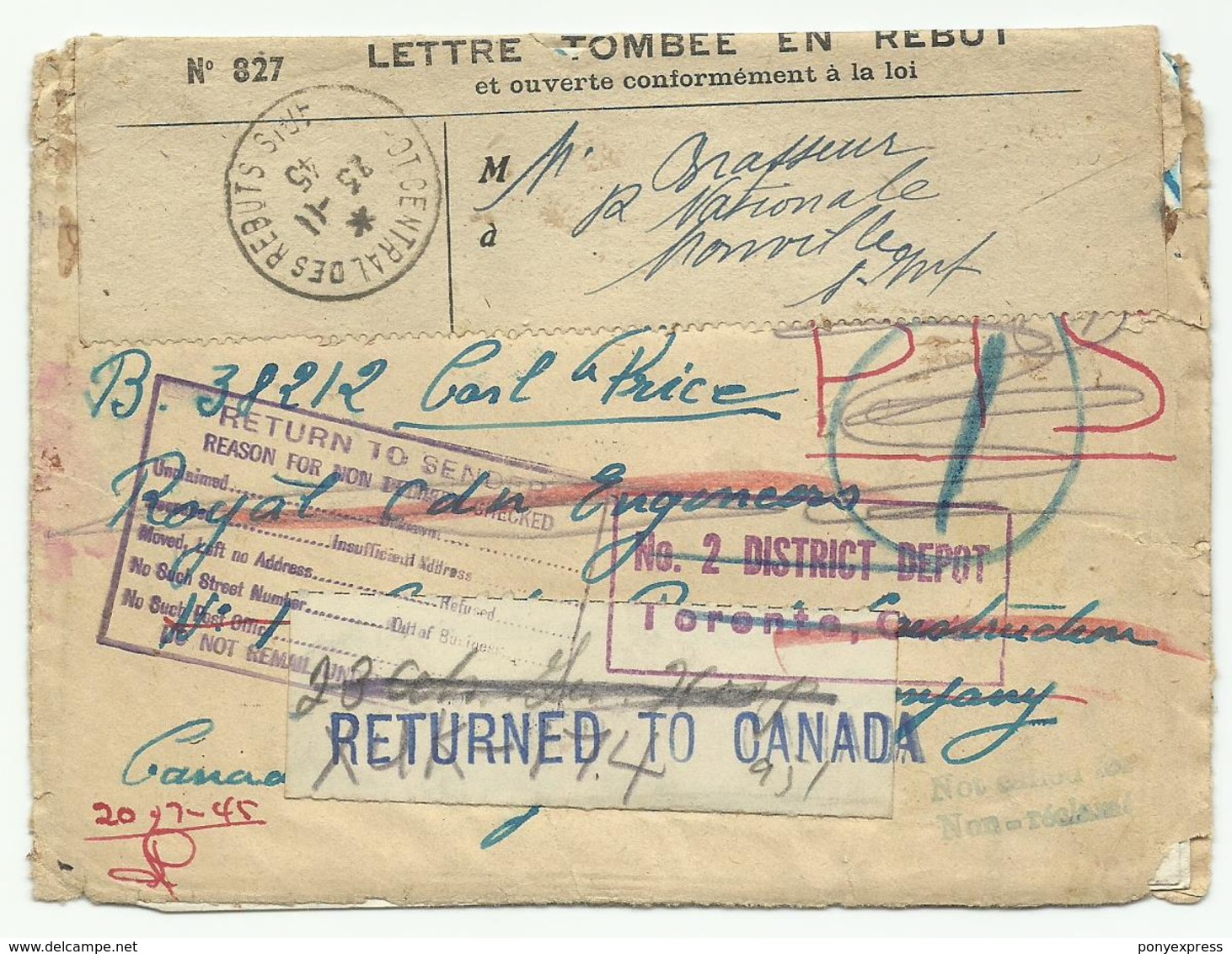 Lettre Frappée De Plusieurs Cachets De Rebuts France & Canada Fin 1945 - Postgeschiedenis