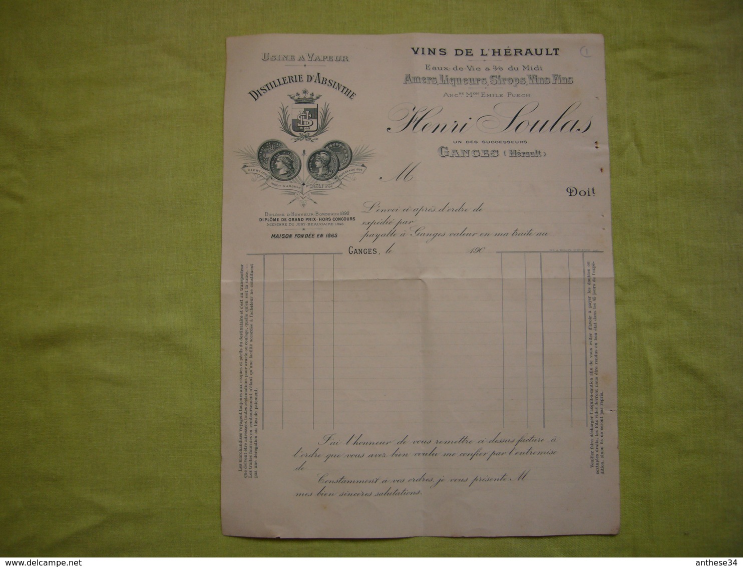 Facture Vierge 1900 Distillerie D'absinthe Henri Soulas à Ganges 34 - Food