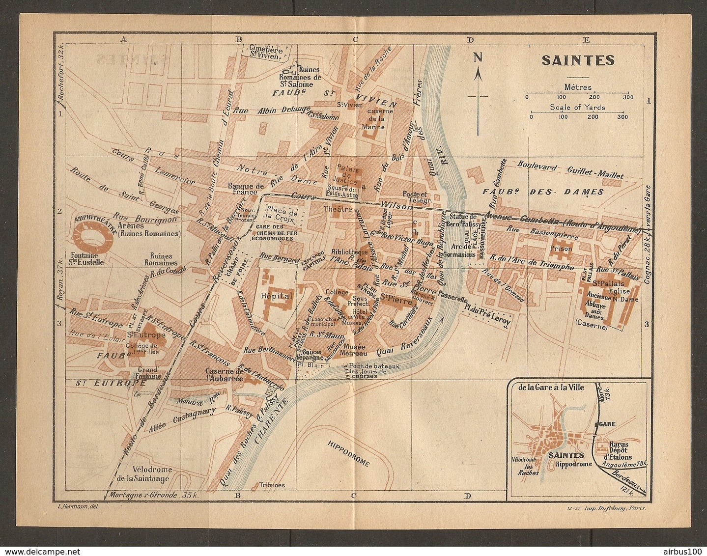 CARTE PLAN 1923 - SAINTES HIPPODROME CASERNE DE L'AUBARREE BANQUE DE FRANCE GARE EUTROPE VIVIEN - Cartes Topographiques