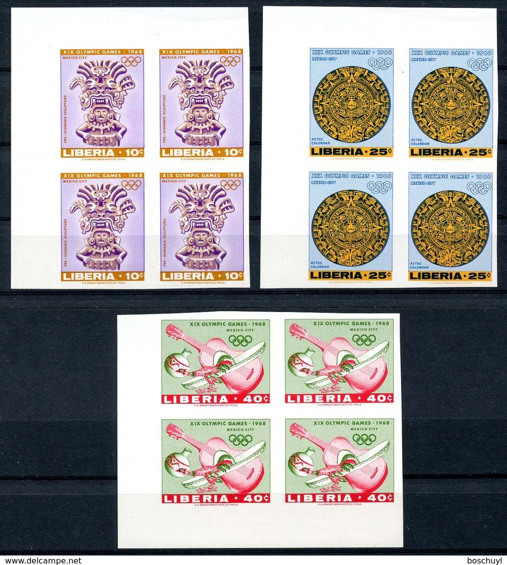 Liberia, 1967, Olympic Summer Games Mexico, Aztec Art, MNH Imperforated Blocks, Michel 680-682B - Liberia