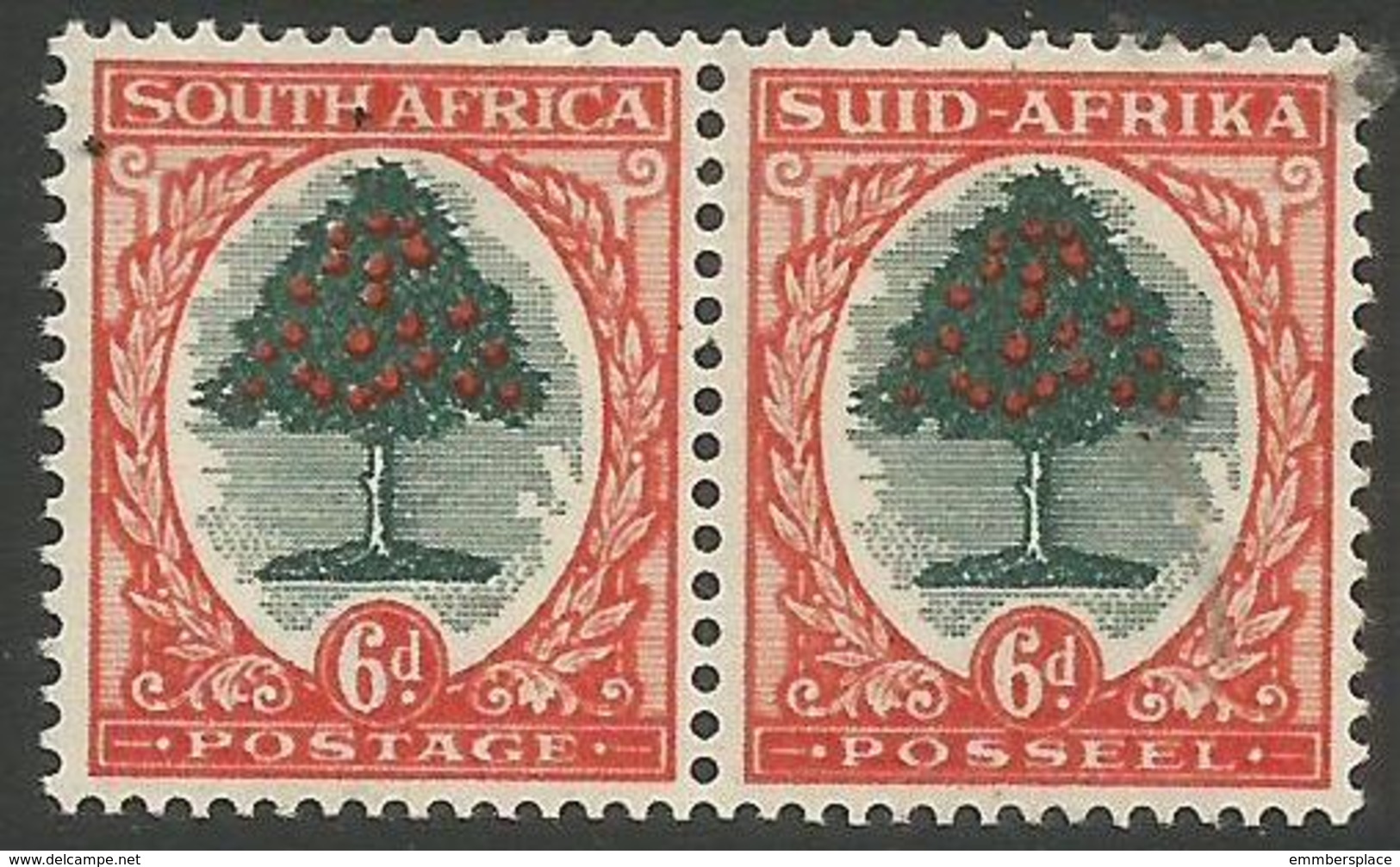 South Africa - 1951 Orange Tree 6d  Bilingual Pair  MH *    SG 119a  Sc 61 - Unused Stamps