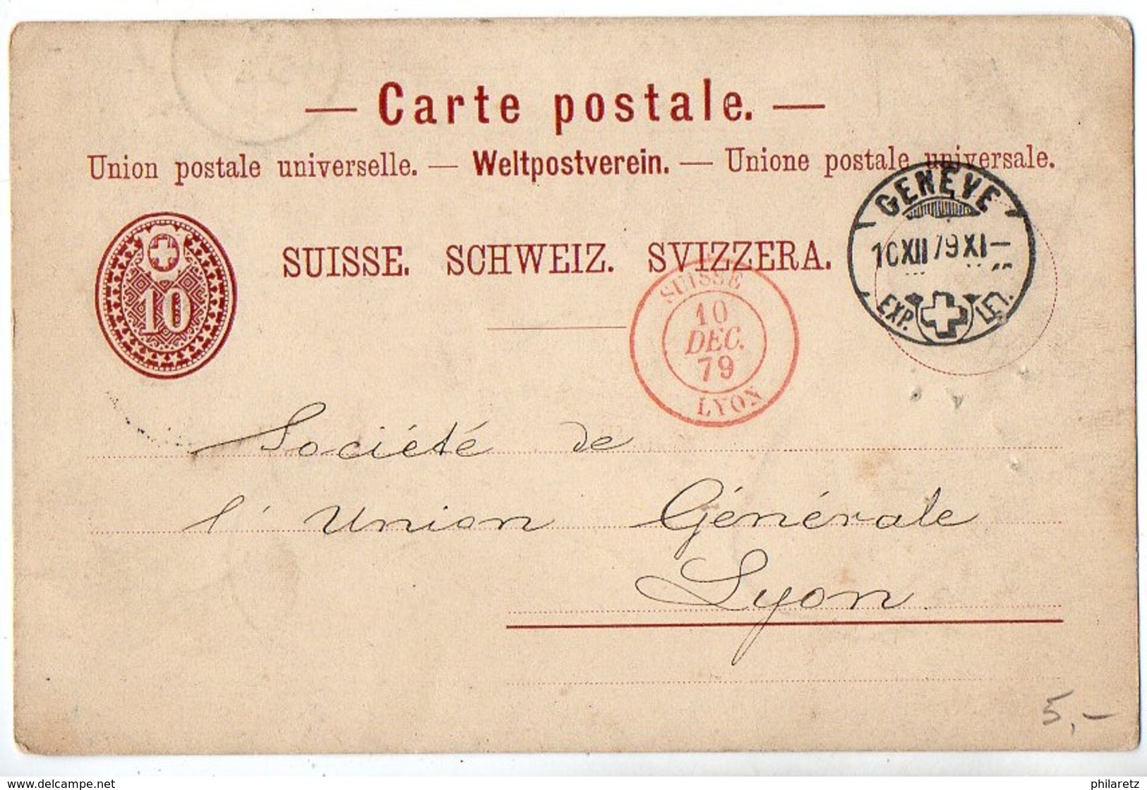 Cachet D'entrée Rouge 'Suisse Lyon' De 1879 Sur Entier Postal De Suisse - 1849-1876: Klassik