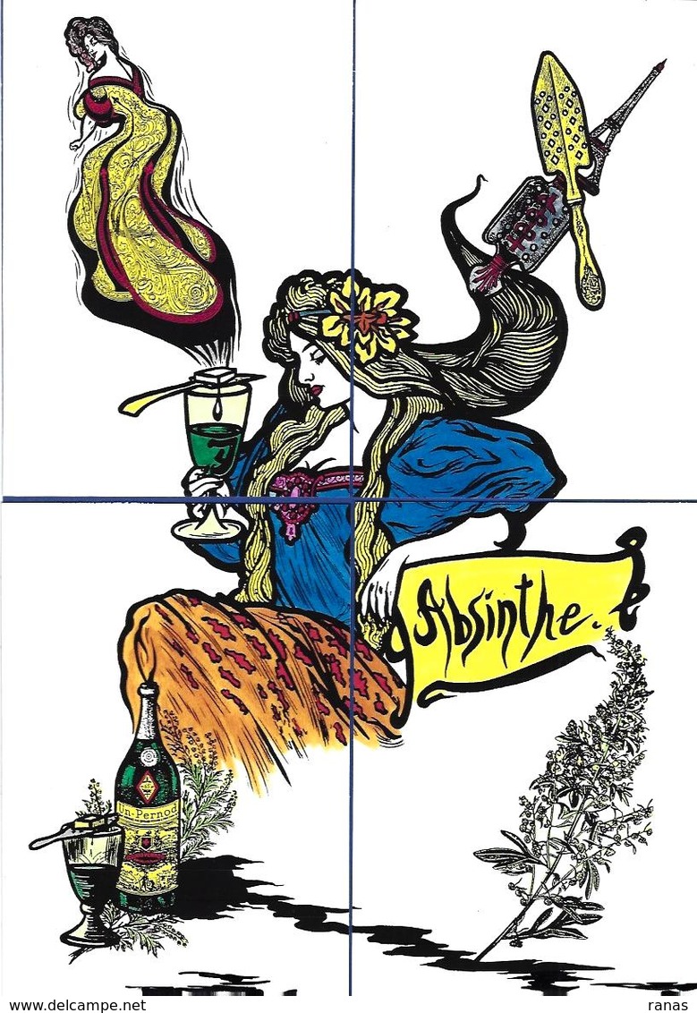 CPM ABSINTHE Puzzle De 4 Cartes Sur L'absinthe Type Art Nouveau Femme Tirage Limité En 16 Exemplaires Numérotés Signés - Comics