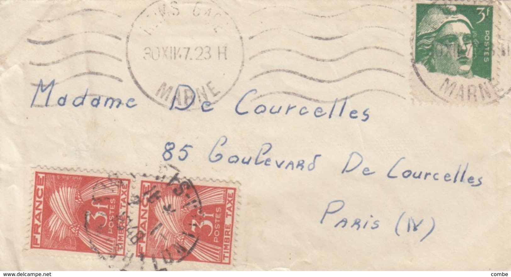 LETTRE. 1947. 3F GANDON REIMS GARE POUR PARIS TAXE GERBE 6Fr  /  2 - 1859-1959 Lettres & Documents