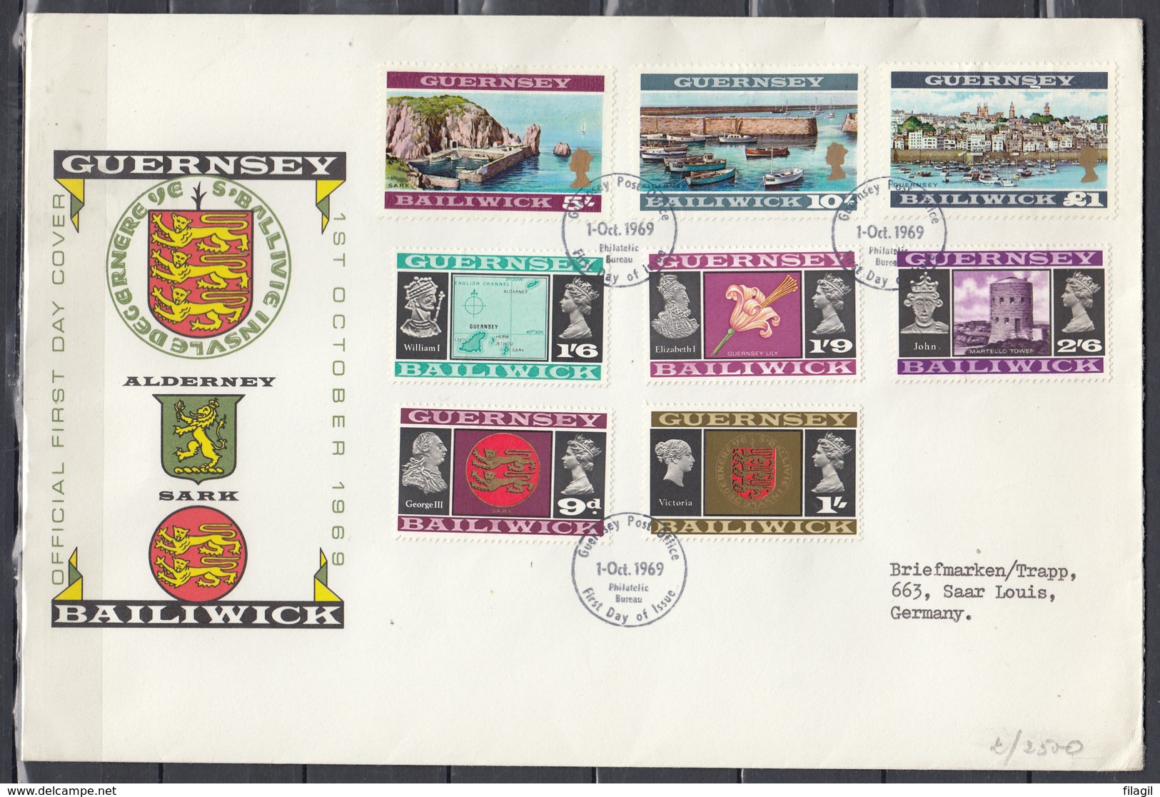 First Day Cover Van Guernsey Post Office First Day Of Issue Philatelic Bureau 1 OCT 1969 - Guernesey