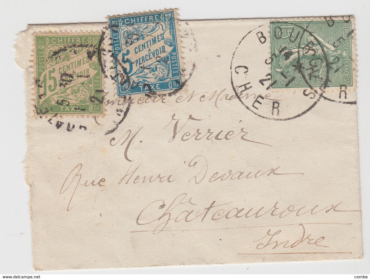 TRES PETITE LETTRE. 1921. 15c BOURGES CHER POUR CHATEAUROUX TAXE DUVAL 05c + 5c  /  2 - 1859-1959 Lettres & Documents