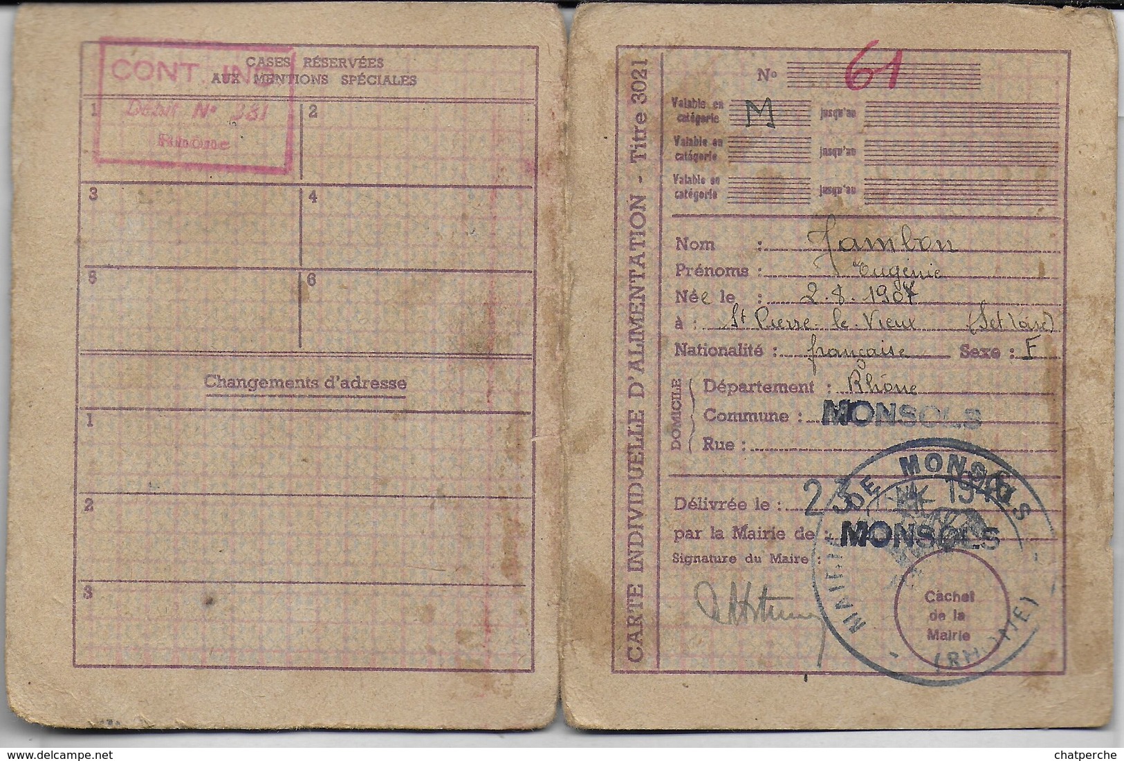 DOCUMENT GUERRE 39-45 CARTE INDIVIDUELLE D'ALIMENTATION TITRE 3021  COMMUNE DE MONSOLS 69 RHONE AVEC DIFFÉRENTS TICKETS - Unclassified