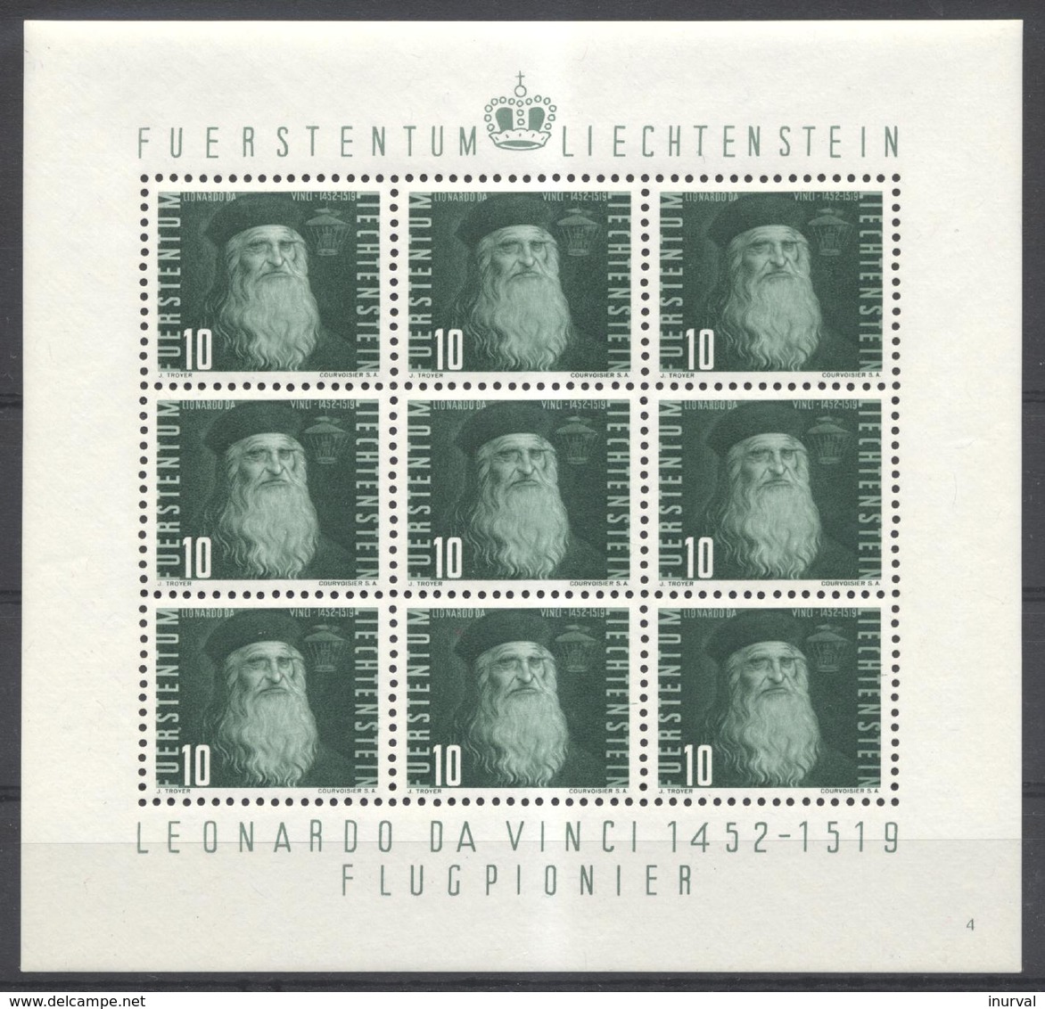 1948 Liechtenstein Small Sheet (9 Stamps) Mint. MNH**. Leonardo Da Vinci - Pioneer Of Aircraft. Michel #257 - Ungebraucht