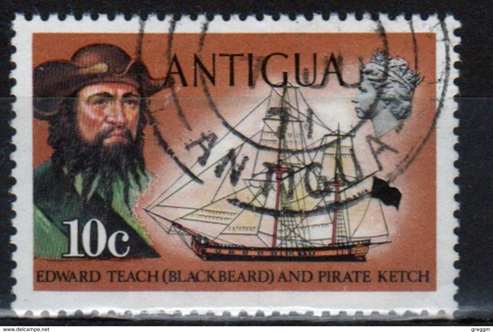 Antigua Single 10 Cent Stamp From The 1970 Definitive Issue Showing Ships. - 1960-1981 Ministerial Government