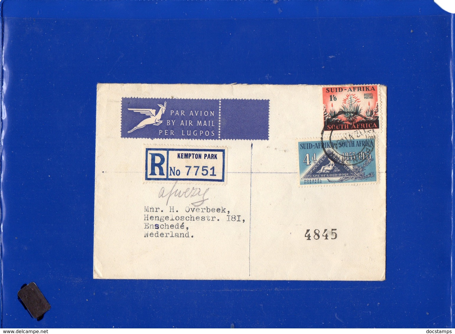 ##(DAN197)-Postal History-South Africa 1954-Airmail Registered Cover From Kempton Park To Enschede-Holland - Storia Postale