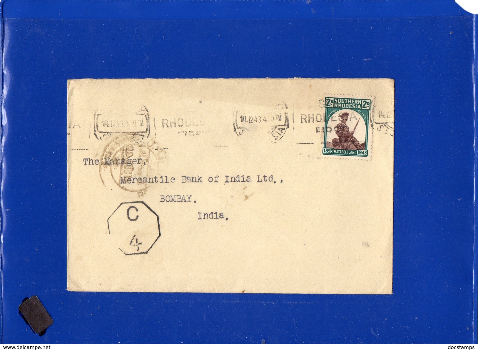 ##(DAN197)-Postal History-Southern Rhodesia 1943- Cover To Bombay-India, C.4 Tax Mark - Rhodésie Du Sud (...-1964)