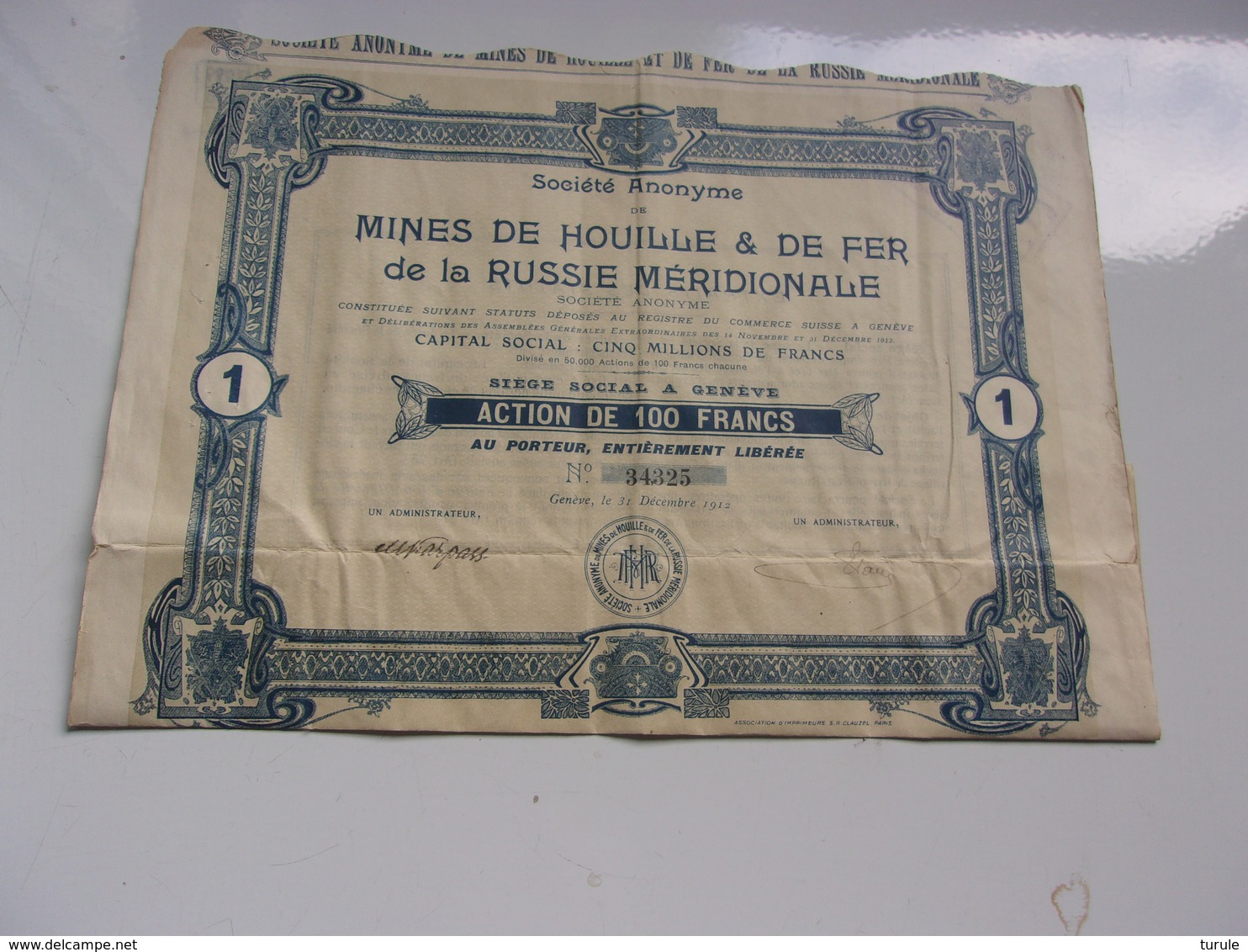 MINES DE HOUILLE & DE FER DE LA RUSSIE MERIDIONALE (capital 5 Millions) 1912 - Autres & Non Classés