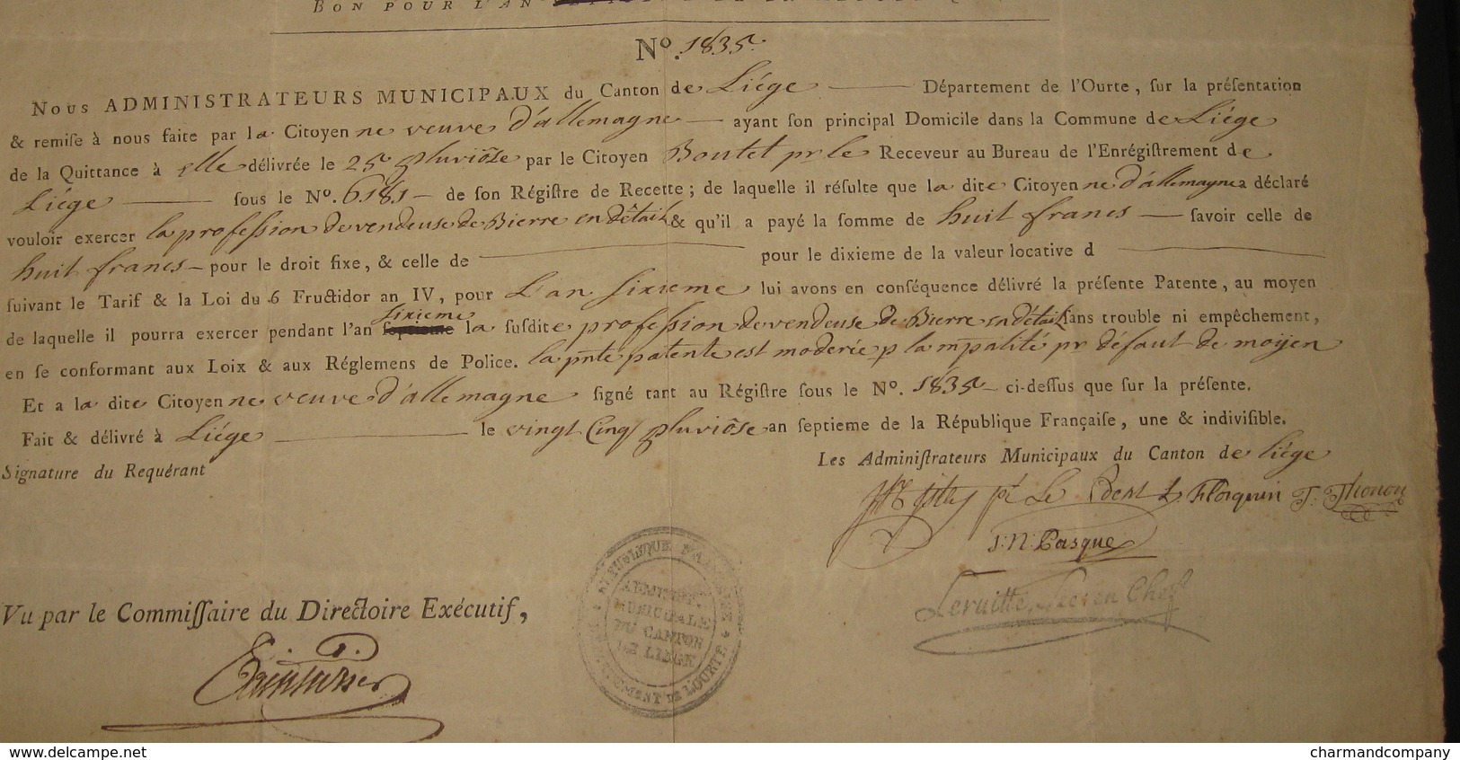 Patente Dept De L'Ourte Commune De Liège - 25 Pluviose An VII - 1799 - Vendeuse De Bière En Détail - Veuve D'Allemagne - Documents Historiques