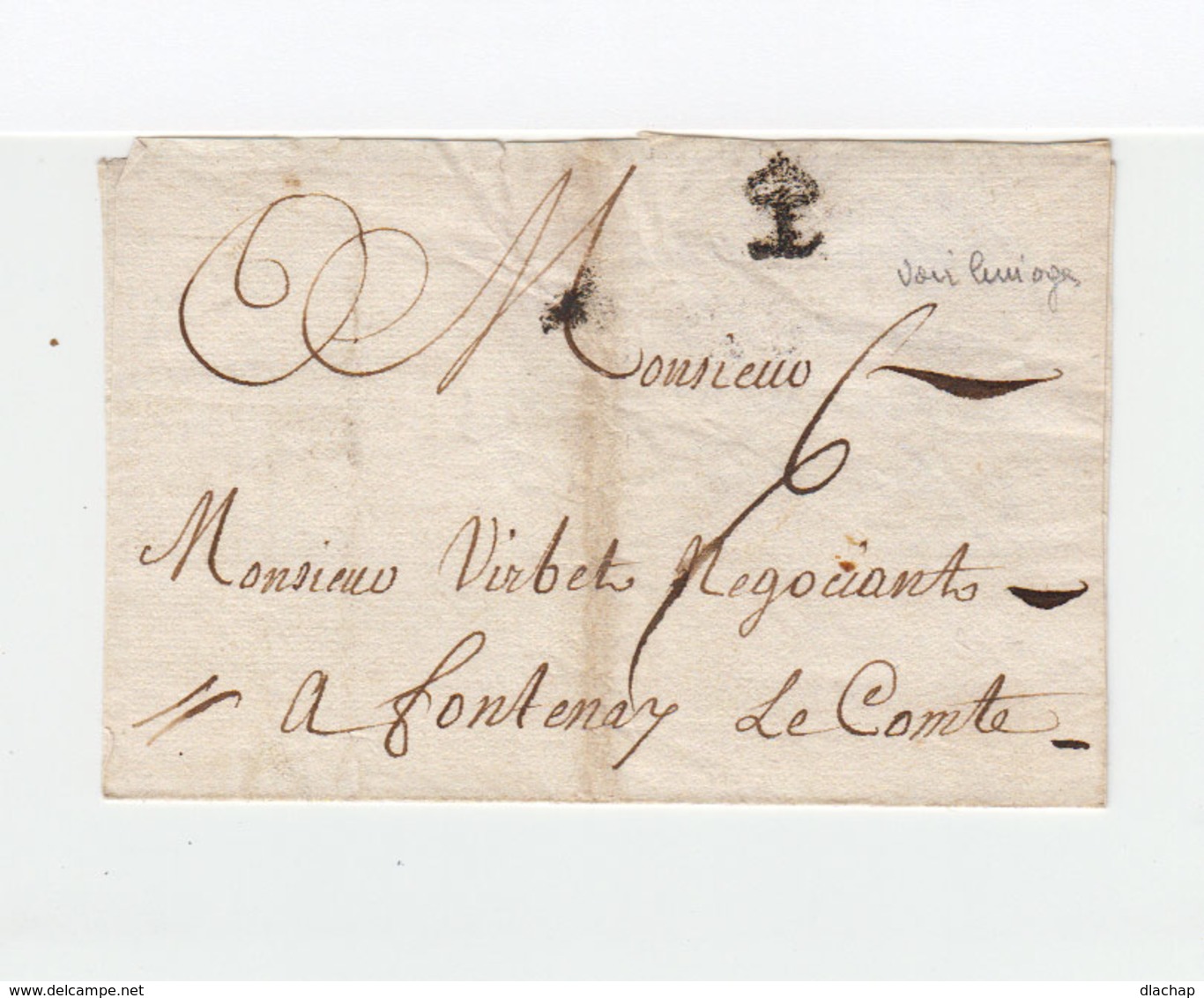 Sur Partie De Lettre De 1754 De Limoges Pour Fontenay Le Comte Marque L. Limoges Hte Vienne. Taxe Manuelle 6. (2346x) - 1701-1800: Précurseurs XVIII