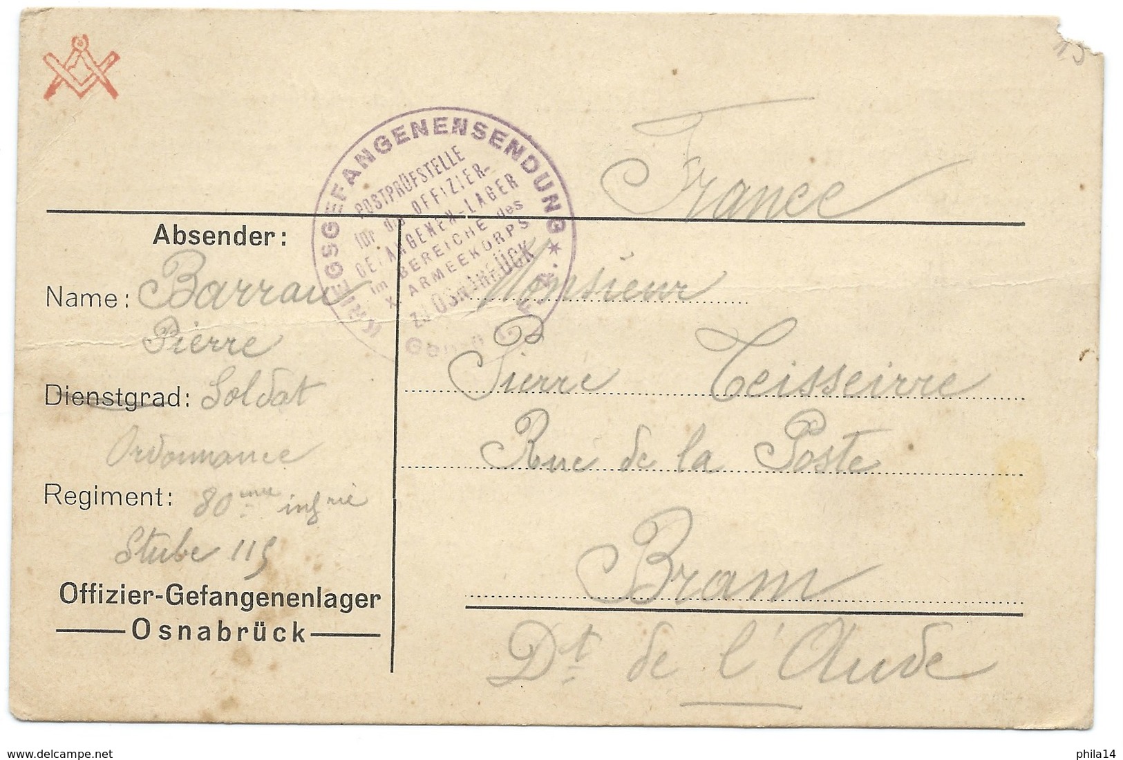 CARTE EN FRANCHISE / OFFIZIER GEFANGENENLAGER 1916 / OSNABRUCK POUR BRAM FRANCE - Briefe U. Dokumente