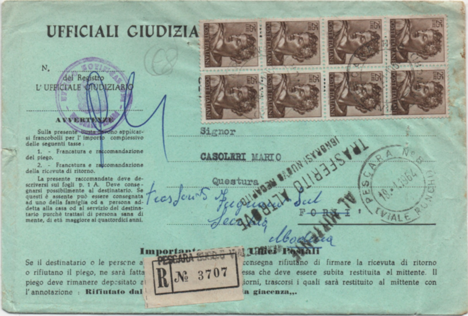 Michelangiolesca £. 25 Blocco Di 8 Su Raccomandata Atti Giudiziari Sa Pescara A Forlì 18.01.1964 - 1961-70: Marcophilia