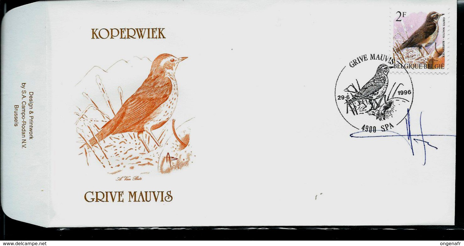 FDC Du N° 2653  Koperwiek  /  Grive Mauvis   Obl. Spa  29/06/1996 - 1985-.. Oiseaux (Buzin)