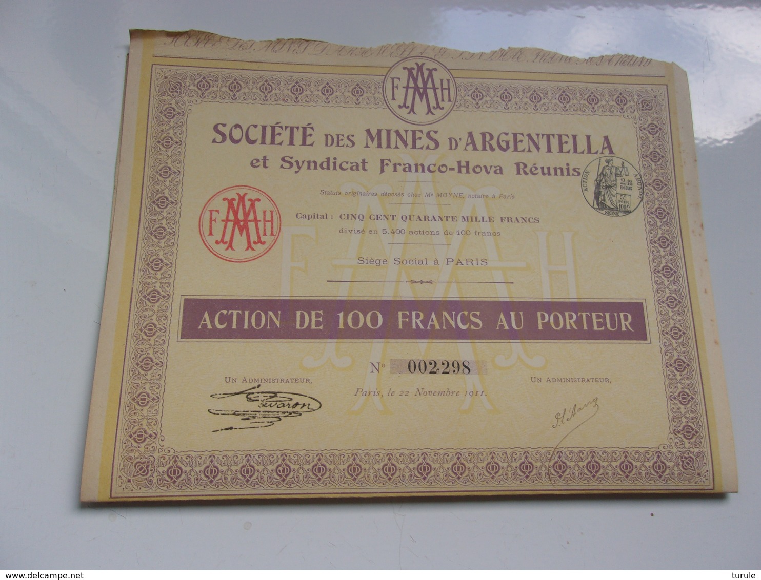 MINES D'ARGENTELLA Et Syndicat Franco Hova Réunis (corse)1911 - Altri & Non Classificati