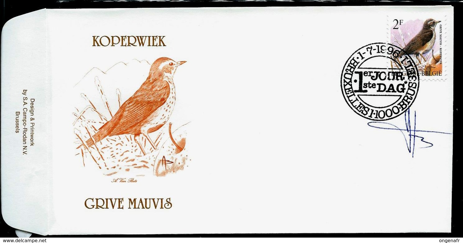 FDC Du N° 2653  Koperwiek  /  Grive Mauvis   Obl. Bruxelles - Brussel  1/07/1996 - 1985-.. Oiseaux (Buzin)