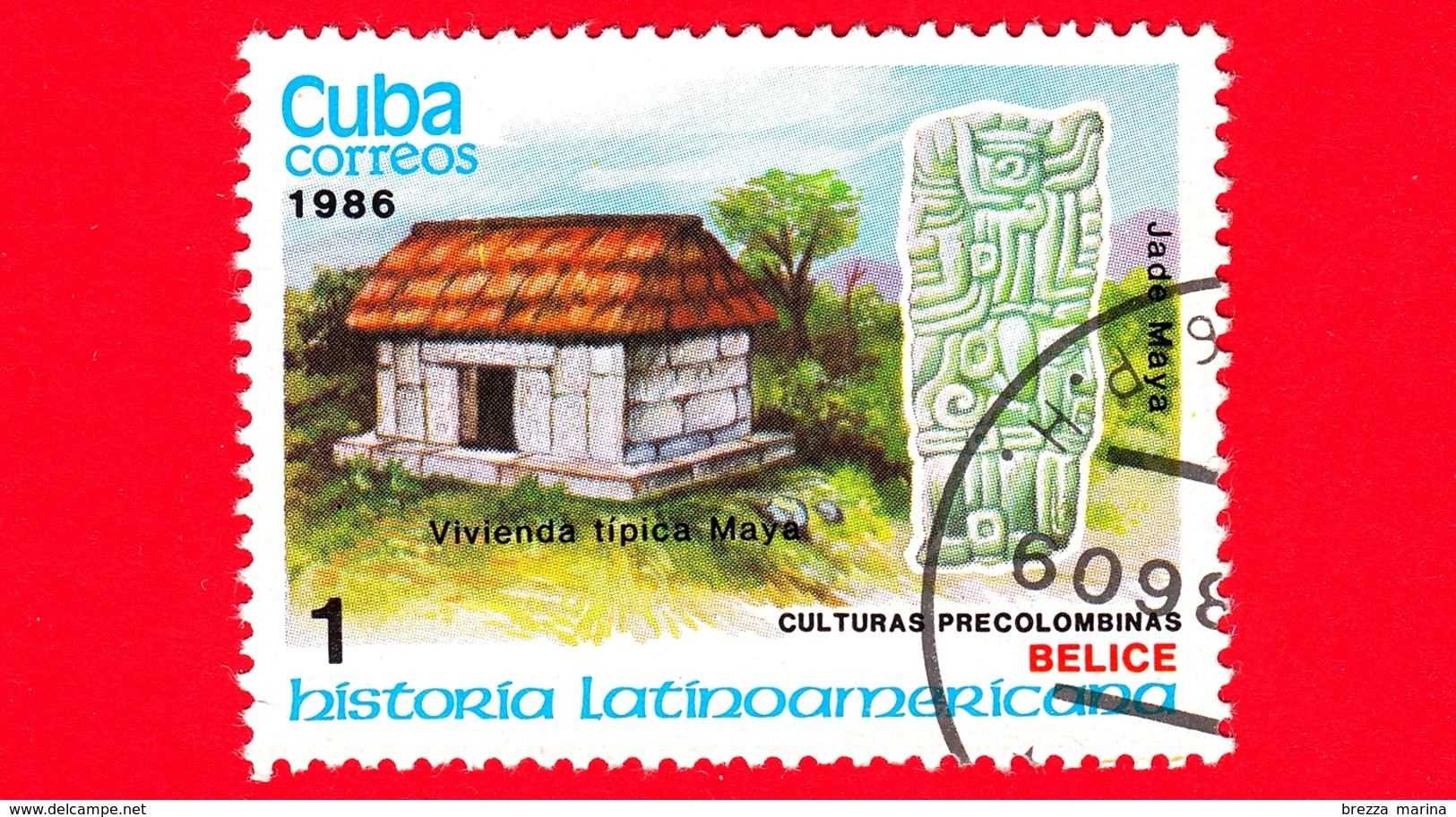 CUBA - Nuovo Obl. - 1986 - Storia Latino Americana - Cultura Precolombiana - Belize, Casa Maya E Statua Di Giada - 1 - Ongebruikt