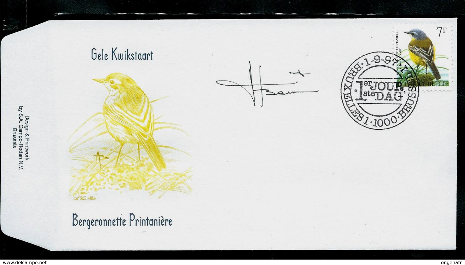 FDC Du N° 2725  Gele Kwikstaart  /  Bergeronnette Printanière   Obl. : Bruxelles  -  Brussel  1/09/97 - 1985-.. Oiseaux (Buzin)