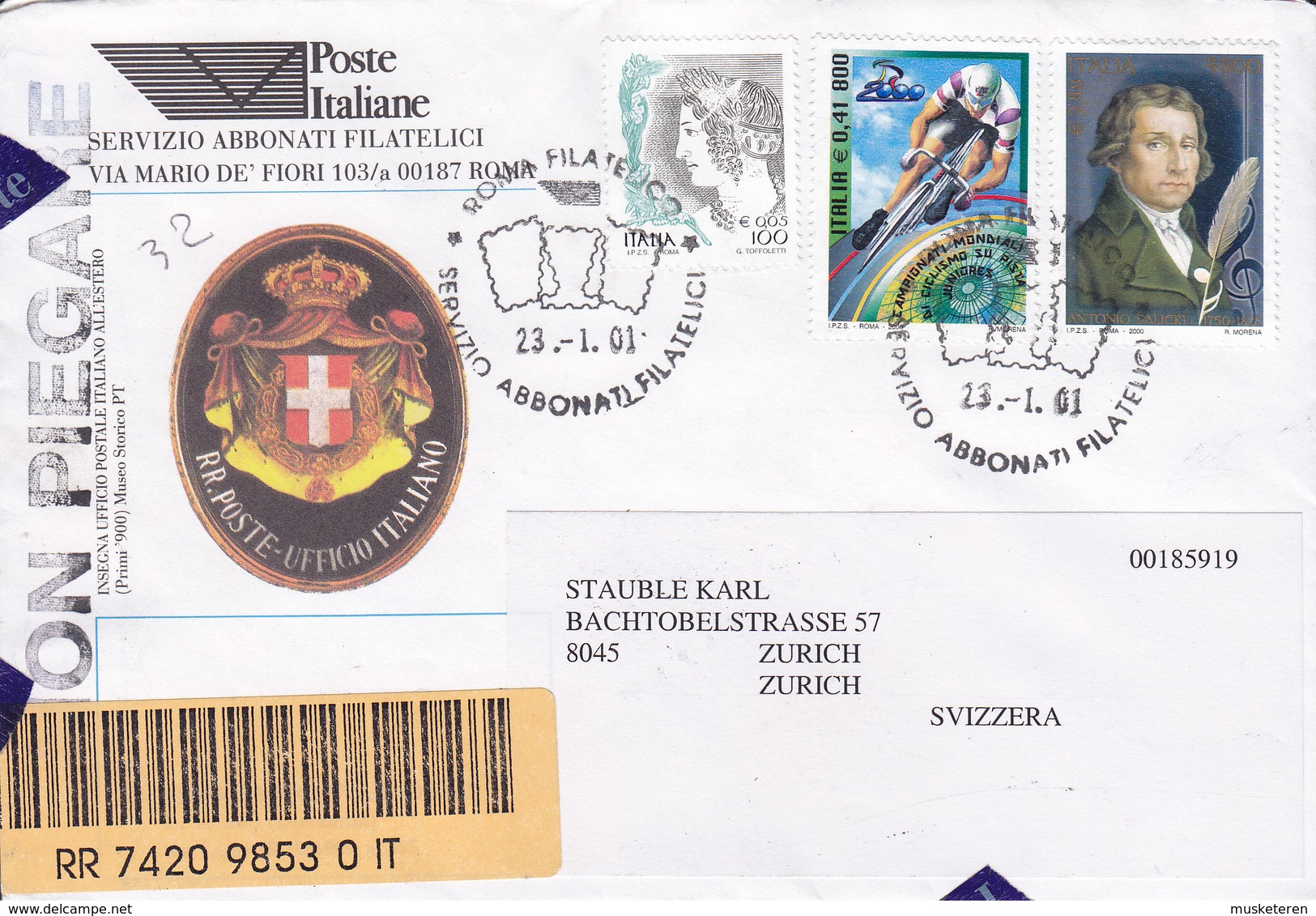 Italy Registered & Lettre Signature Label ROMA 2001 Cover Lettera ZÜRICH Svizzera Salieri Ciclimo Radfahren Cycling - 2001-10: Marcofilie