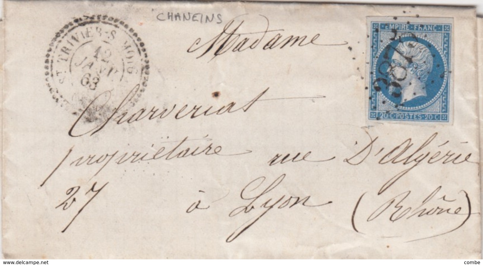 LETTRE. 1863. AIN. DE CHANEINS. PERLÉ T22 ST TREVIERS-S-MOIGNANS. GC 3875. POUR LYON  /  3 - 1849-1876: Periodo Classico