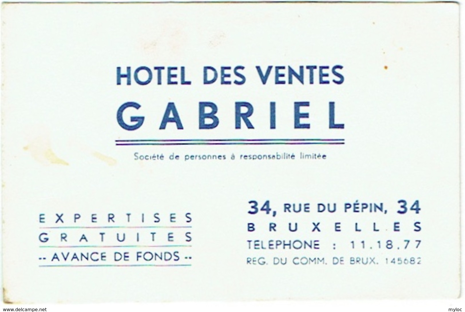 Carte Visite Publicité. Hôtel Des Ventes Gabriel. Rue Du Pépin,Bruxelles. 1944. - Cartes De Visite