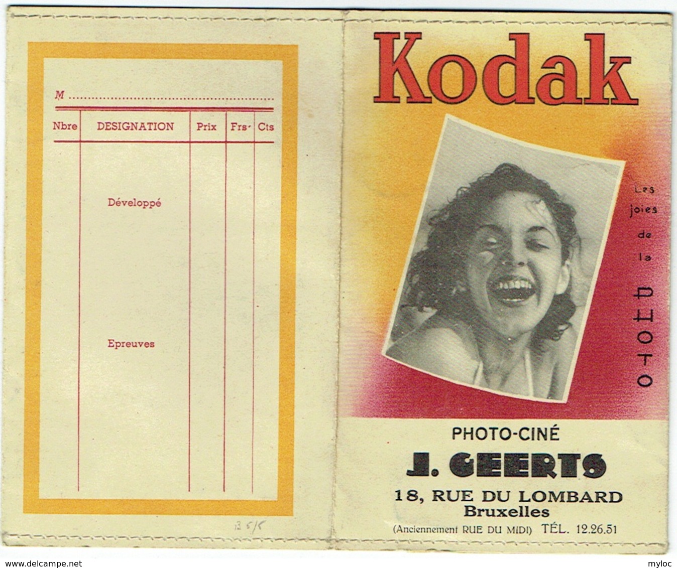 Foto/Photo. Pochette Kodak. Photo-Ciné J.Geerts. Rue Des Lombards, Bruxelles. - Matériel & Accessoires