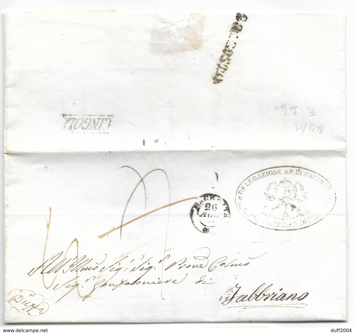 DA CINGOLI A FABRIANO - 24.8.1859. - 1. ...-1850 Prephilately