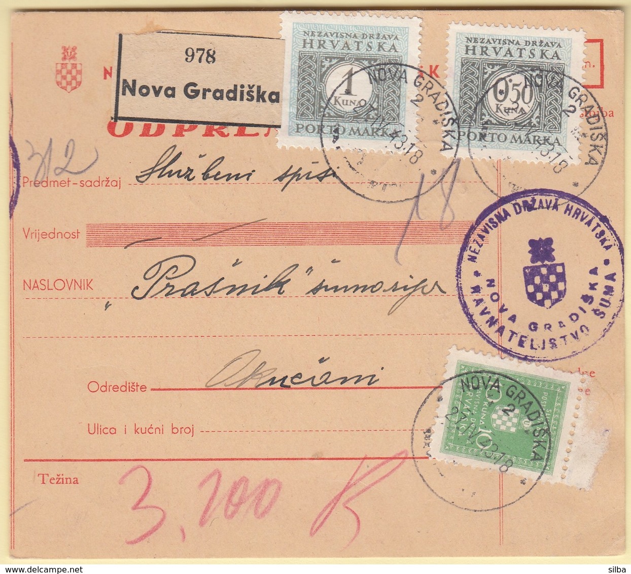 Croatia NDH 1943 / Nova Gradiska - Okucani / Paket - Paketkarte, Package Card, Odpremnica / WW2 - Kroatien