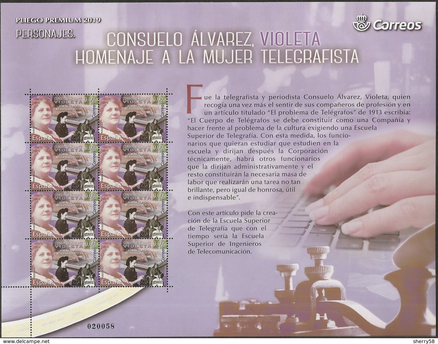 2019-ED. 5313 EN PLIEGO PREMIUM - Consuelo Álvarez, Violeta. Homenaje A La Mujer Telegrafista-NUEVO - Hojas Completas