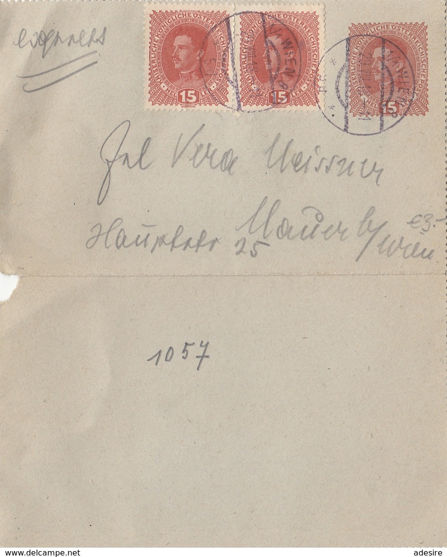 ÖSTERREICH EXPRESS 1918 - 15 H Ganzsache + 2x15 Heller Auf Kartenbrief Gel.n. Mauer Bei Wien - Abarten & Kuriositäten