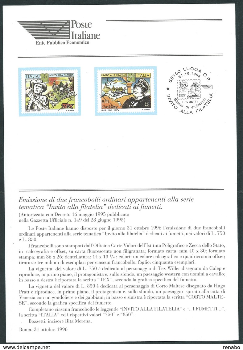 Italia 1996; Bollettino Ufficiale Delle Poste Italiane: "Fumetti: Tex Willer E Corto Maltese" - 1991-00: Neufs