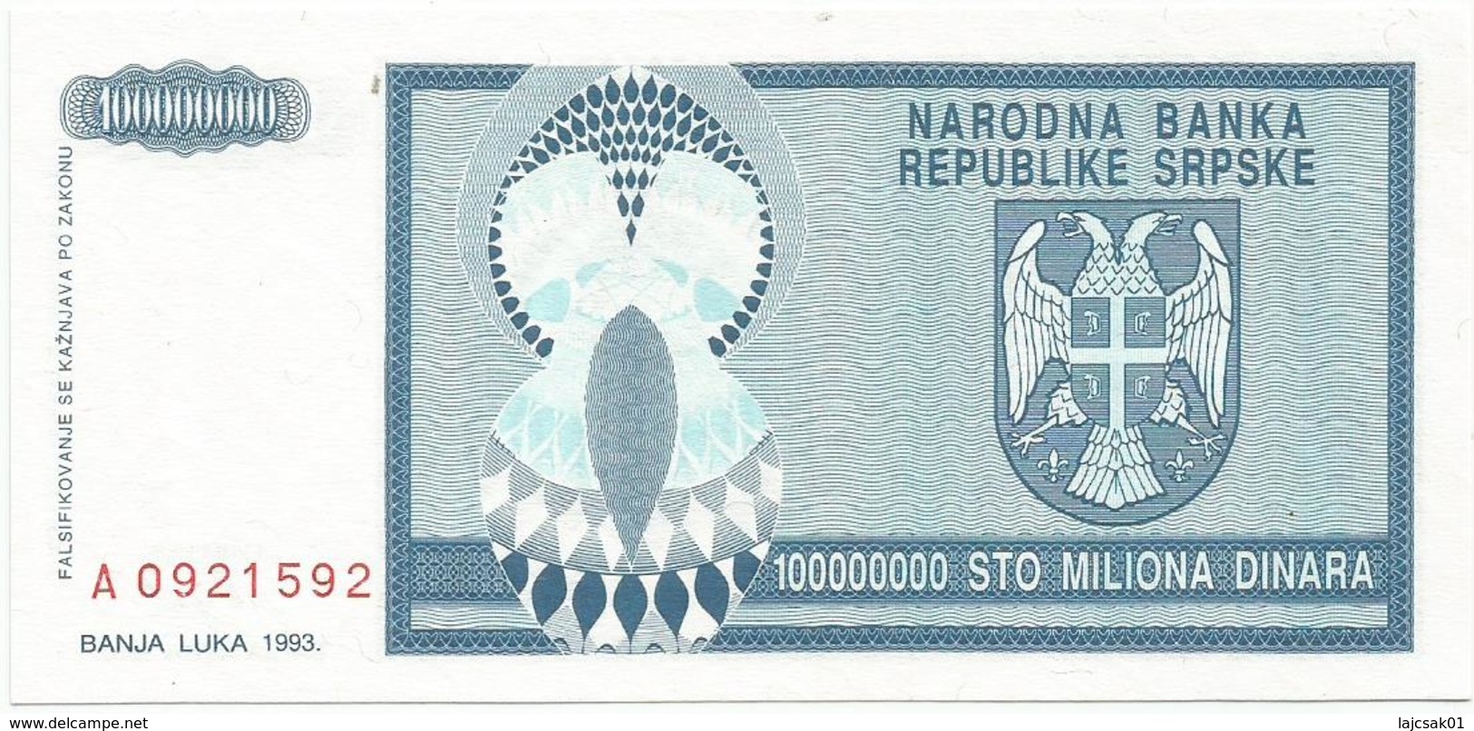 Bosnia And Herzegovina 100.000.000 Dinara 1993. UNC P-146 - Bosnia Erzegovina