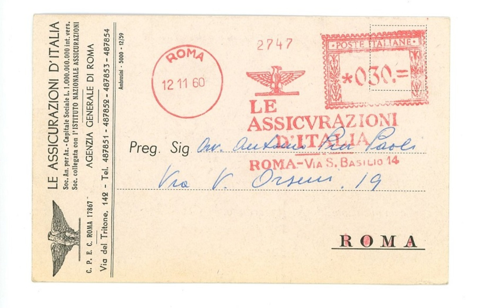 AFFRANCATURA MECCANICA- LE ASSICURAZIONI D' ITALIA – 1960 (15/33) - Maschinenstempel (EMA)