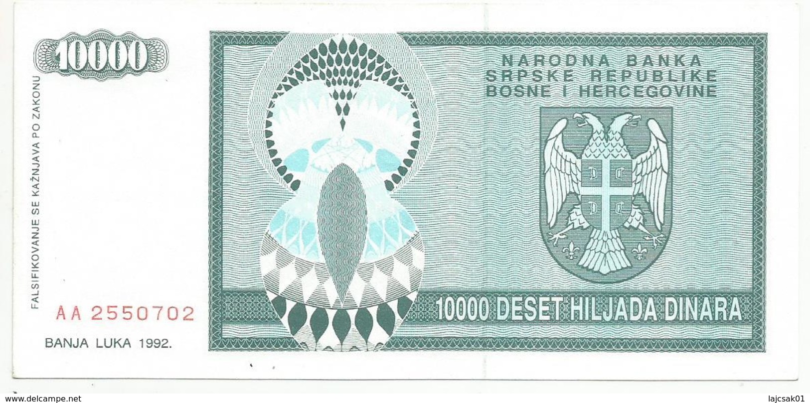 Bosnia And Herzegovina 10.000 Dinara 1992. AUNC P-139 - Bosnia Erzegovina