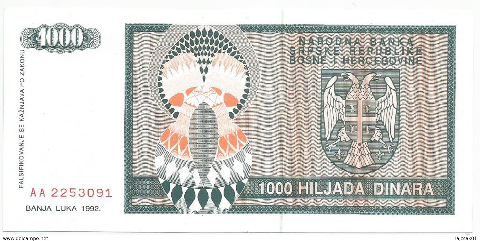 Bosnia And Herzegovina 1000 Dinara 1992.  P-137 - Bosnia Erzegovina