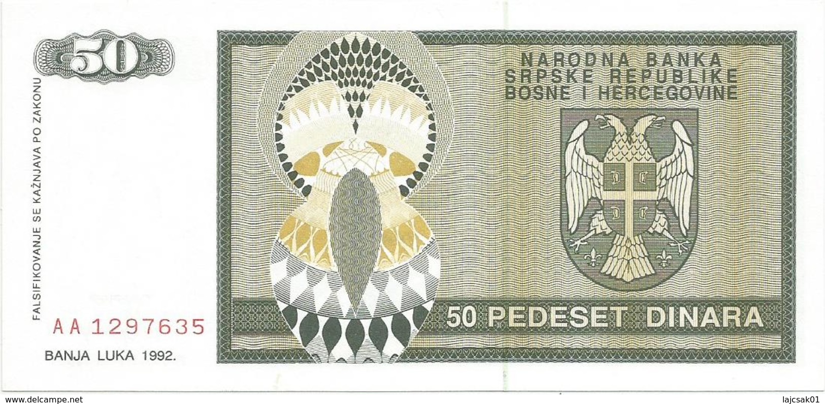 Bosnia And Herzegovina 50 Dinara 1992. UNC P-134 - Bosnia Erzegovina