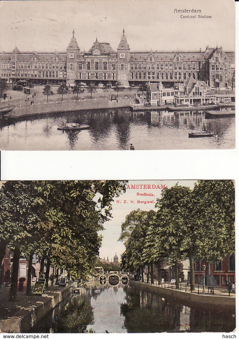 2769	236	Amsterdam, Centraal Station 1918 – O.Z.v. Burgwal Stadhuis 1908 (2 Kaarten (zie Hoeken) - Amsterdam