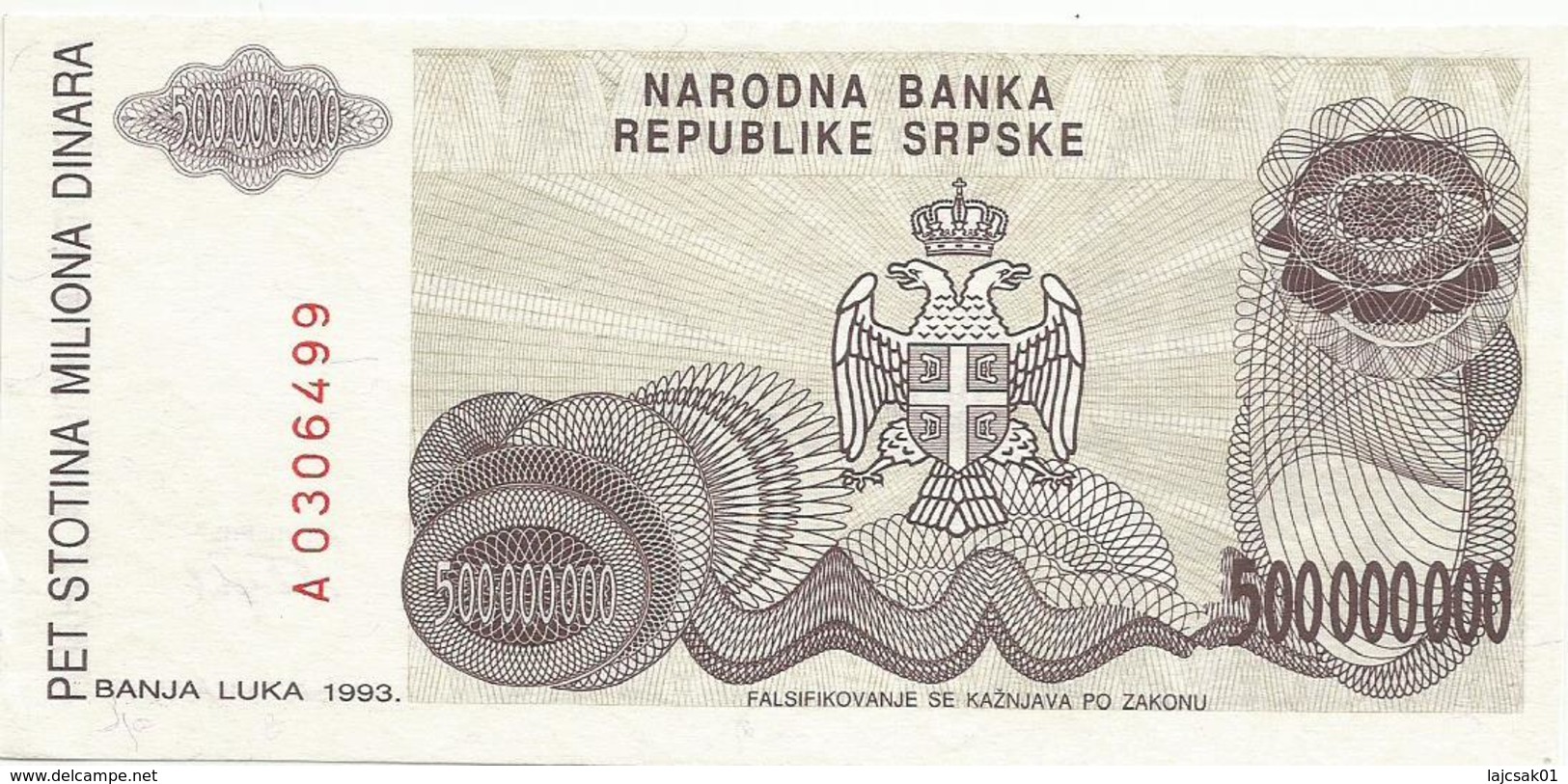 Bosnia And Herzegovina 500.000.000  Dinara 1993. P-155 - Bosnia Erzegovina