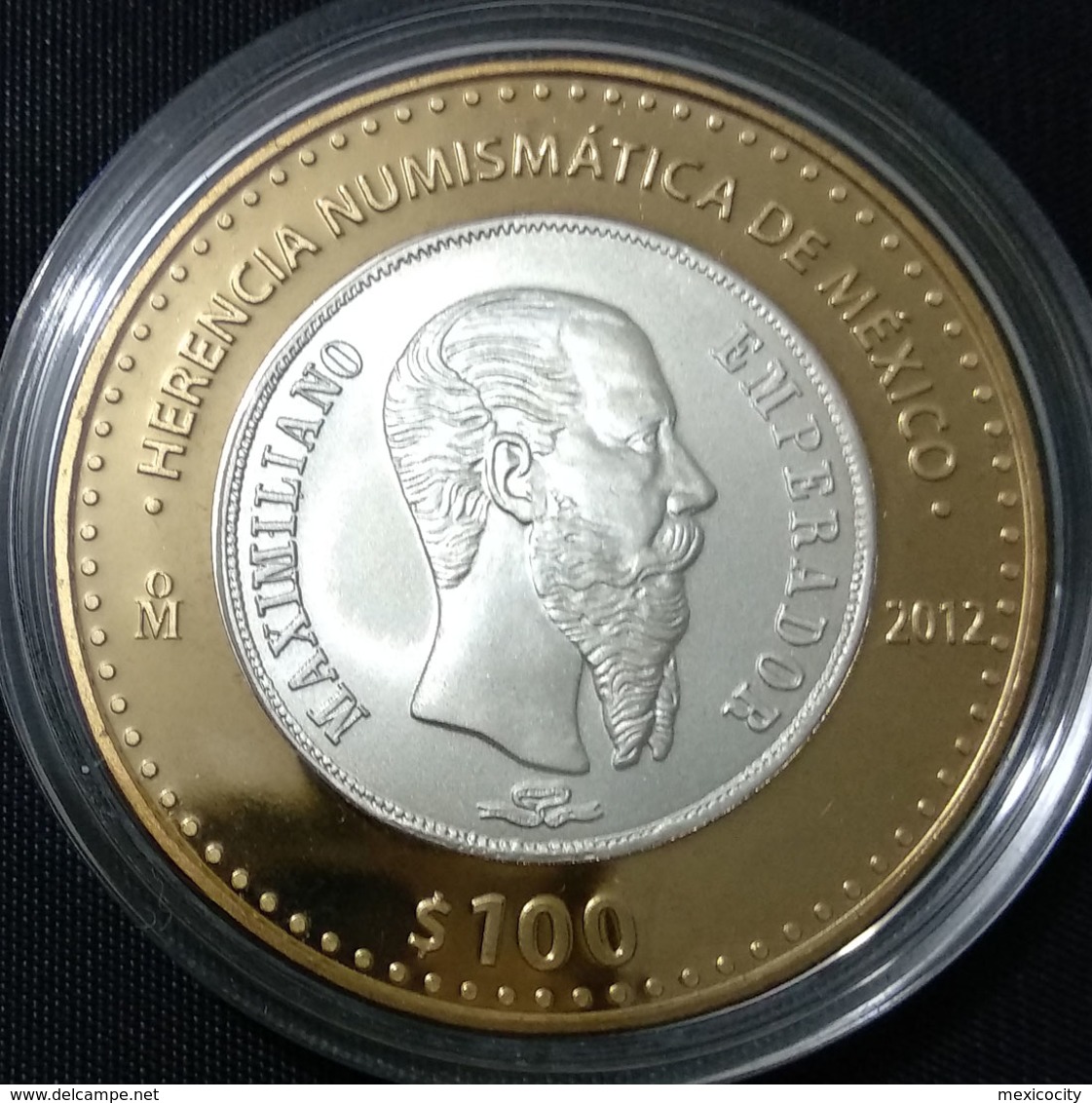 MEXICO 2012 $100 1866 MAXIMILIAN Peso Dsn. BIMETALLIC Silver Core Proof Unc. Numis. Heritage Series - Messico