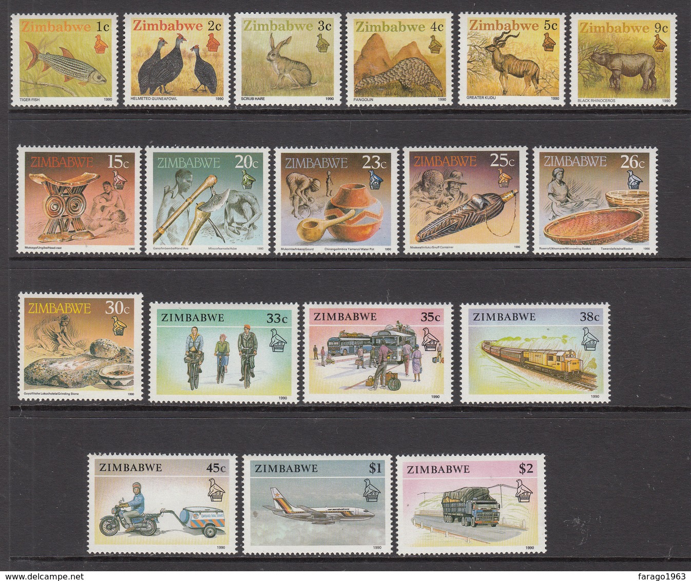 1990 Zimbabwe Definitives Animals Rhino Transport Cycling Buses   Complete Set Of 18 MNH - Zimbabwe (1980-...)