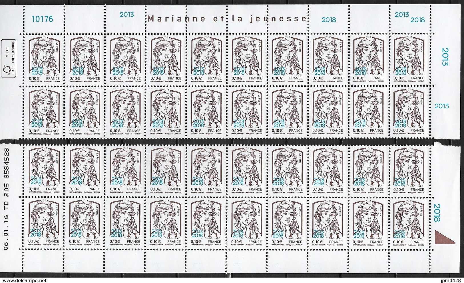 France 2018 Marianne Ciappa  Yvert 5234 Neuf ** Surchargée - 2 Bandes 20 Timbres, Bas Et Haut De Feuille Daté 06-01-16 - Unused Stamps