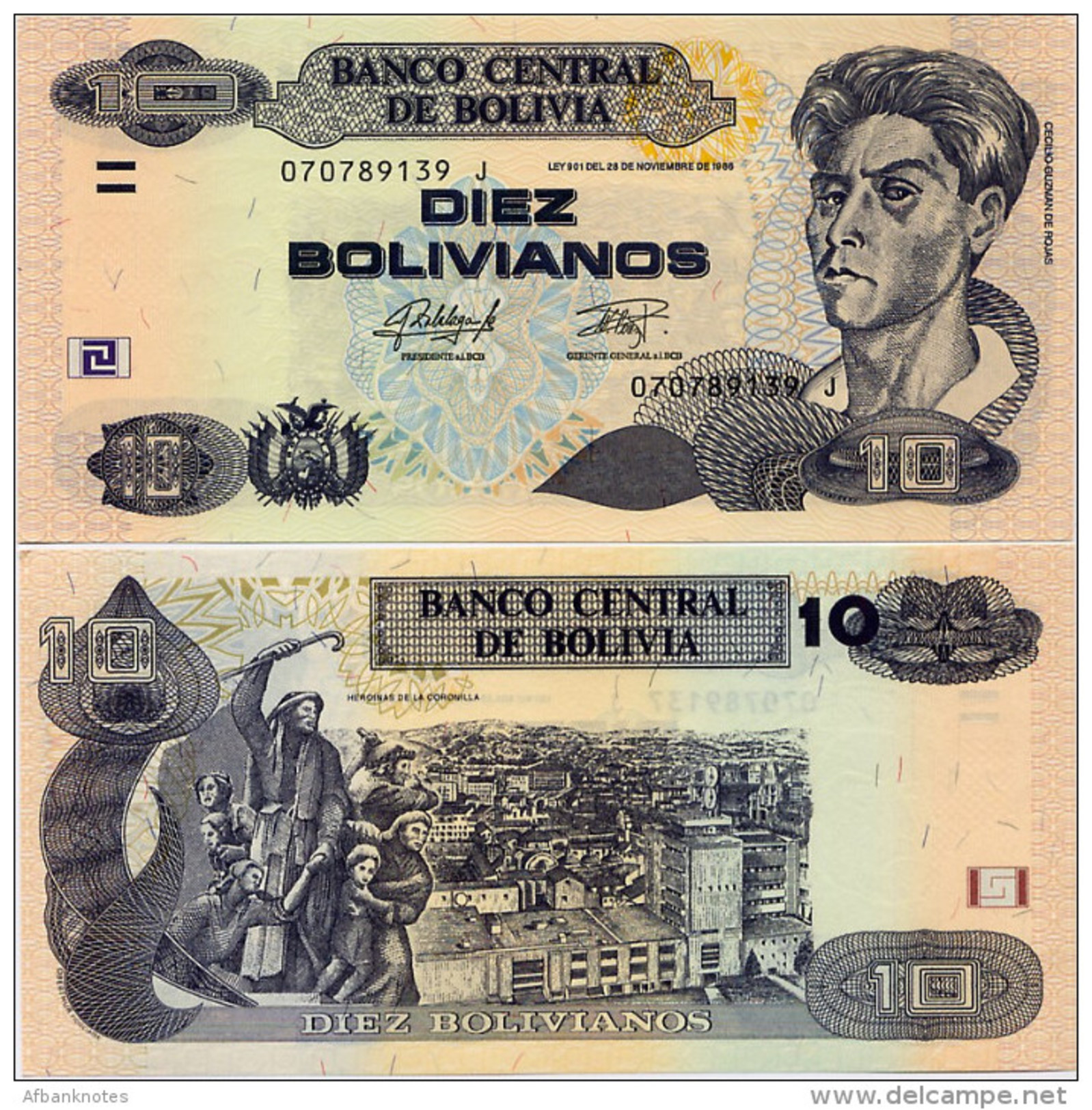 BOLIVIA       10 Bolivianos       P-243       L. 28.11.1986 (2015)       UNC  [Series J - Oberthur] - Bolivia