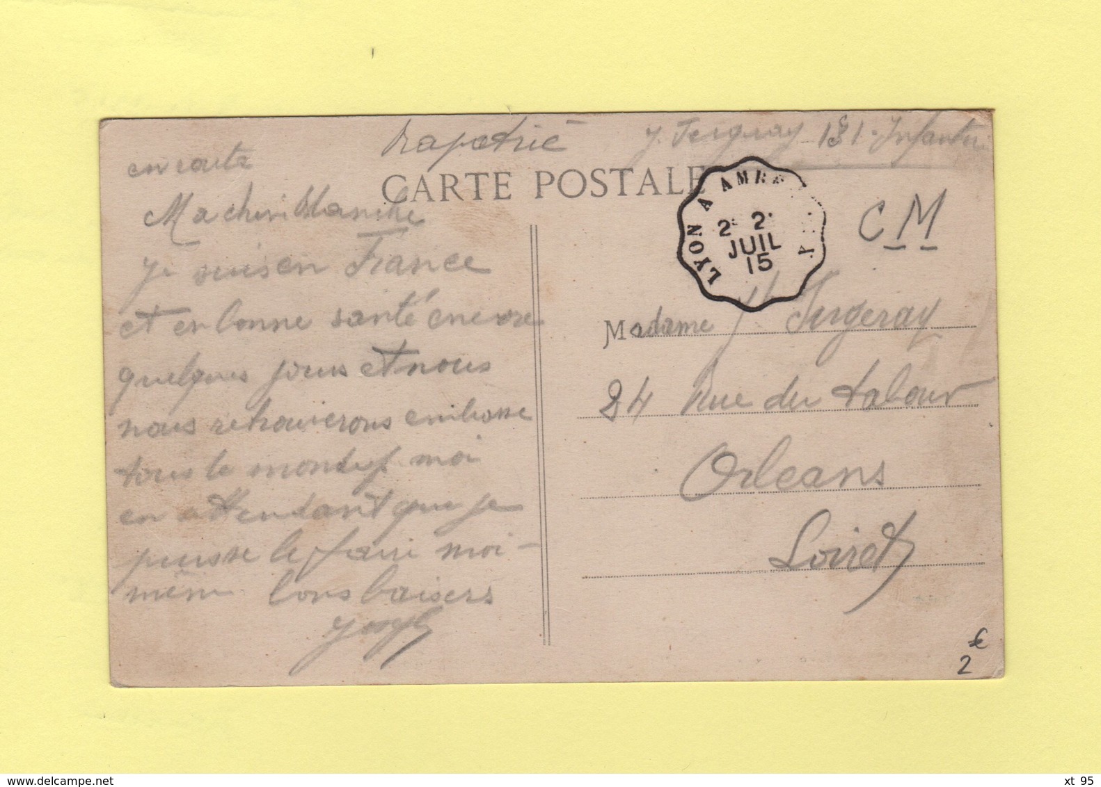 Convoyeur Lyon A Amberieux - 1915 - Carte En Franchise Militaire - Bahnpost