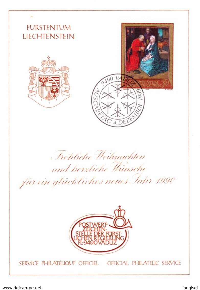 1989, Liechtenstein, Weihnachts - Und Neujahrswünsche Der Postwertzeichenstelle Der Fürstlichen Regierung Vaduz, FDC - Weihnachten