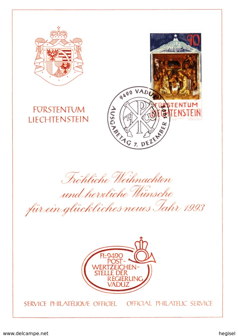 1992, Liechtenstein, Weihnachts - Und Neujahrswünsche Der Postwertzeichenstelle Der Fürstlichen Regierung Vaduz, FDC - Weihnachten